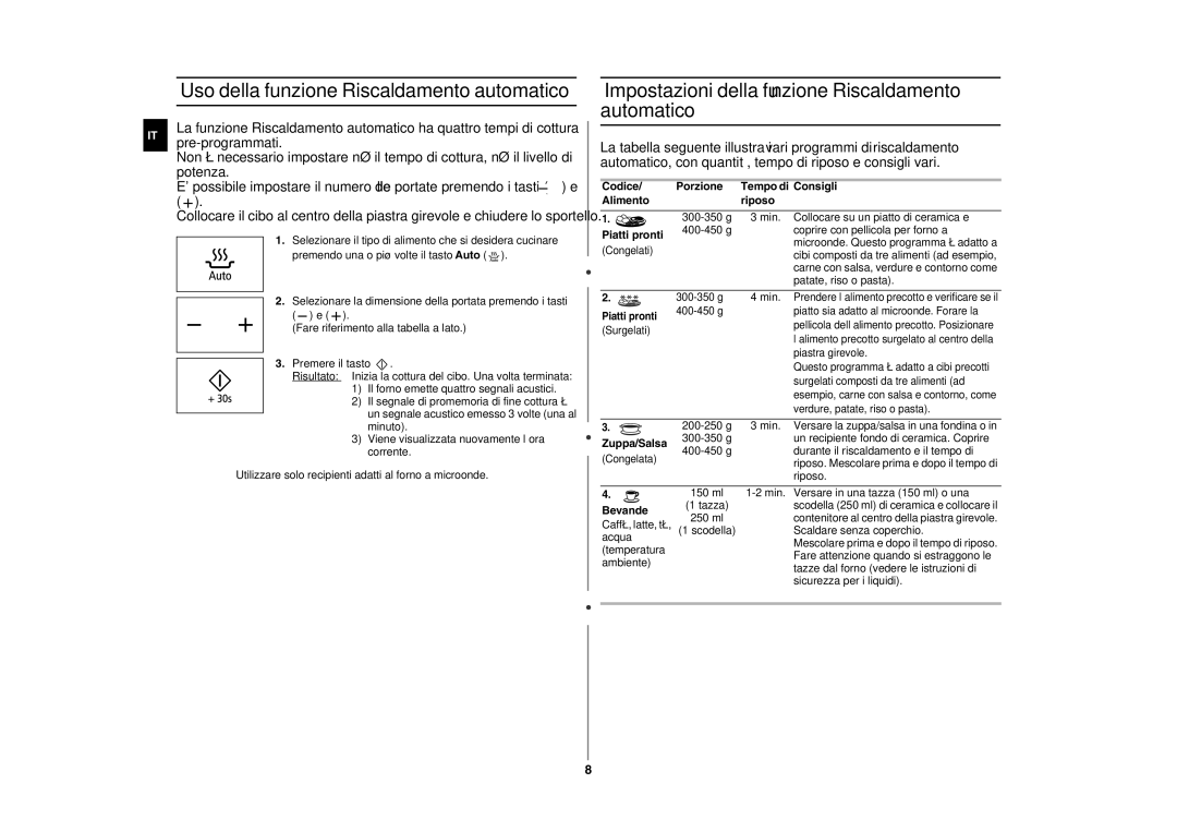 Samsung GE86NT/XET manual Uso della funzione Riscaldamento automatico, Impostazioni della funzione Riscaldamento automatico 