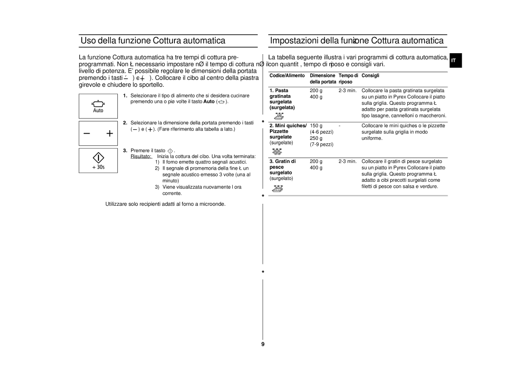 Samsung GE86NT/XET manual Uso della funzione Cottura automatica, Impostazioni della funzione Cottura automatica 