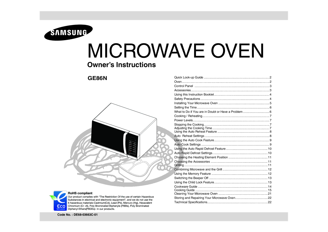 Samsung GE86N-B/BOL, GE86N/XSG, GE86N-S/BOL manual Microwave Oven, Code No. DE68-03663C-01 