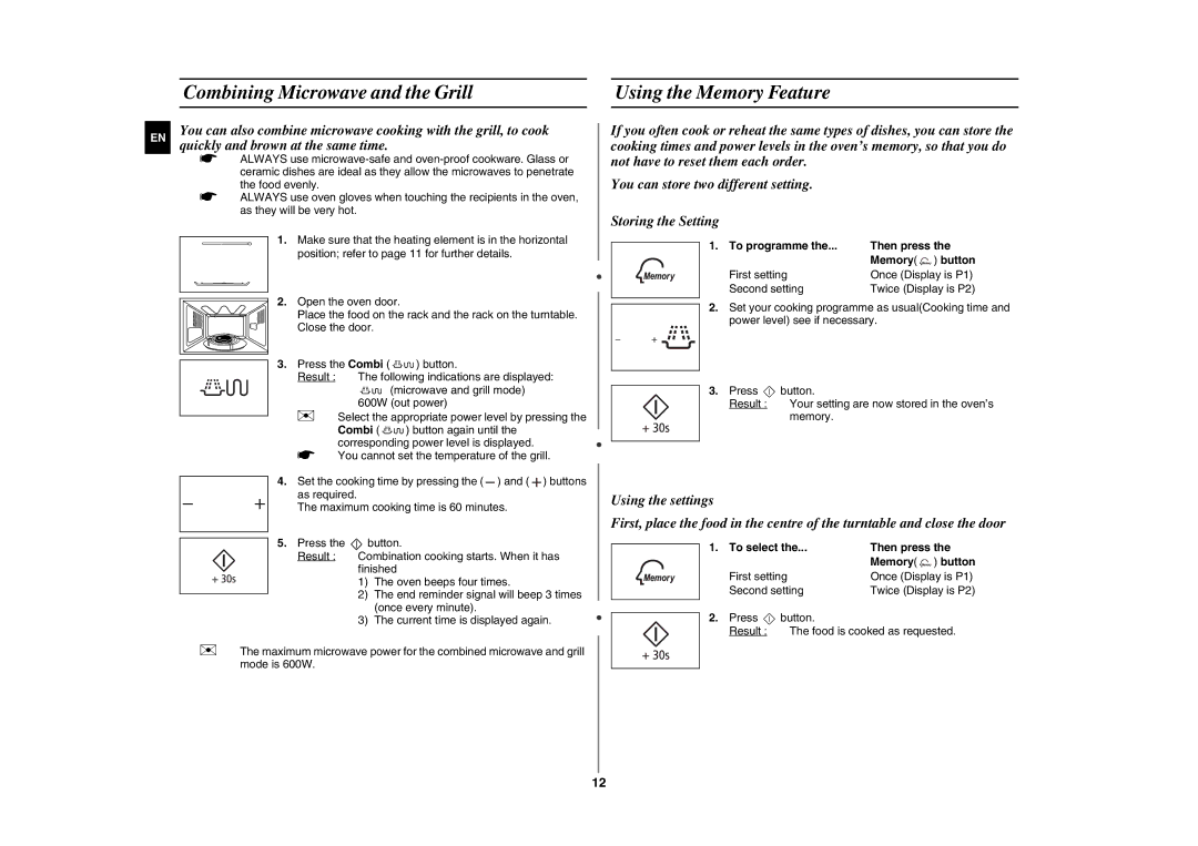 Samsung GE86N/XSG manual Combining Microwave and the Grill Using the Memory Feature, Quickly and brown at the same time 