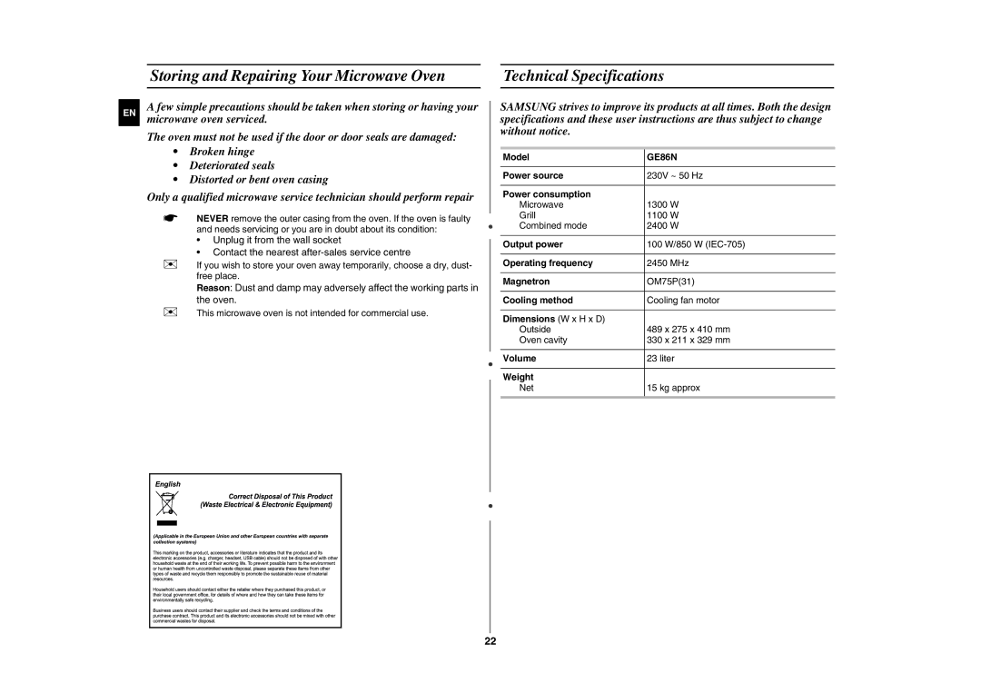 Samsung GE86N-B/BOL, GE86N/XSG, GE86N-S/BOL manual 