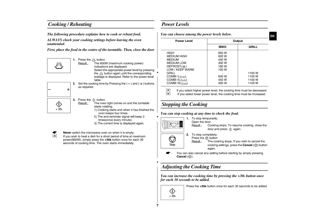 Samsung GE86N-B/BOL, GE86N/XSG manual Cooking / Reheating Power Levels, Stopping the Cooking, Adjusting the Cooking Time 