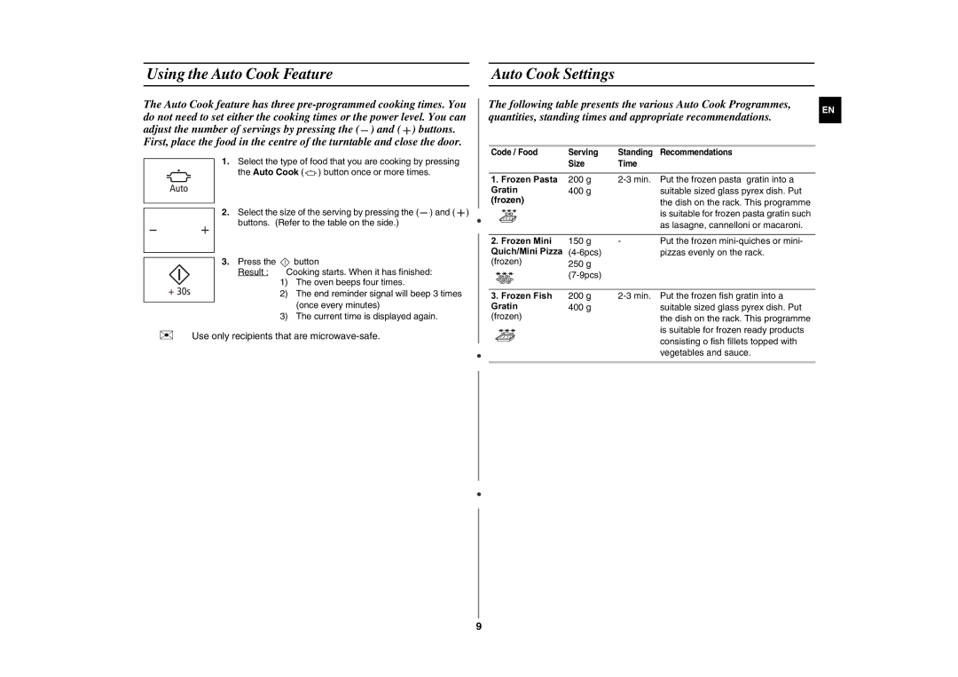 Samsung GE86N/XSG, GE86N-B/BOL, GE86N-S/BOL manual Using the Auto Cook Feature Auto Cook Settings, Frozen 