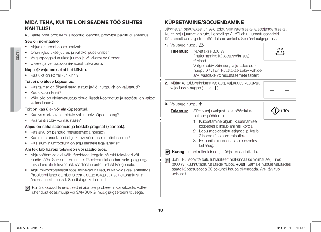 Samsung GE86V-BB/BAL, GE86V-WW/BAL manual Mida TEHA, KUI Teil on Seadme TÖÖ Suhtes Kahtlusi, Küpsetamine/Soojendamine 