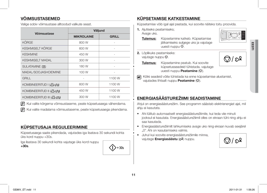 Samsung GE86V-WW/BAL, GE86V-BB/BAL manual Võimsustasemed, Küpsetusaja Reguleerimine, Küpsetamise Katkestamine 