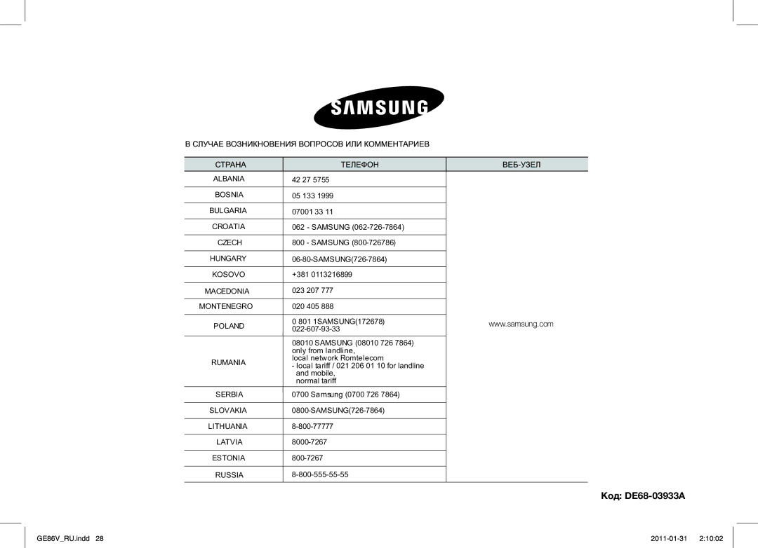 Samsung GE86V-BB/BAL, GE86V-WW/BAL manual Код DE68-03933A 