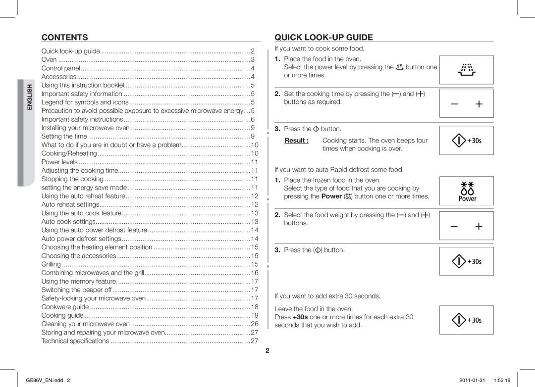 Samsung GE86V-BB/BAL, GE86V-WW/BAL manual Contents, Quick LOOK-UP Guide 