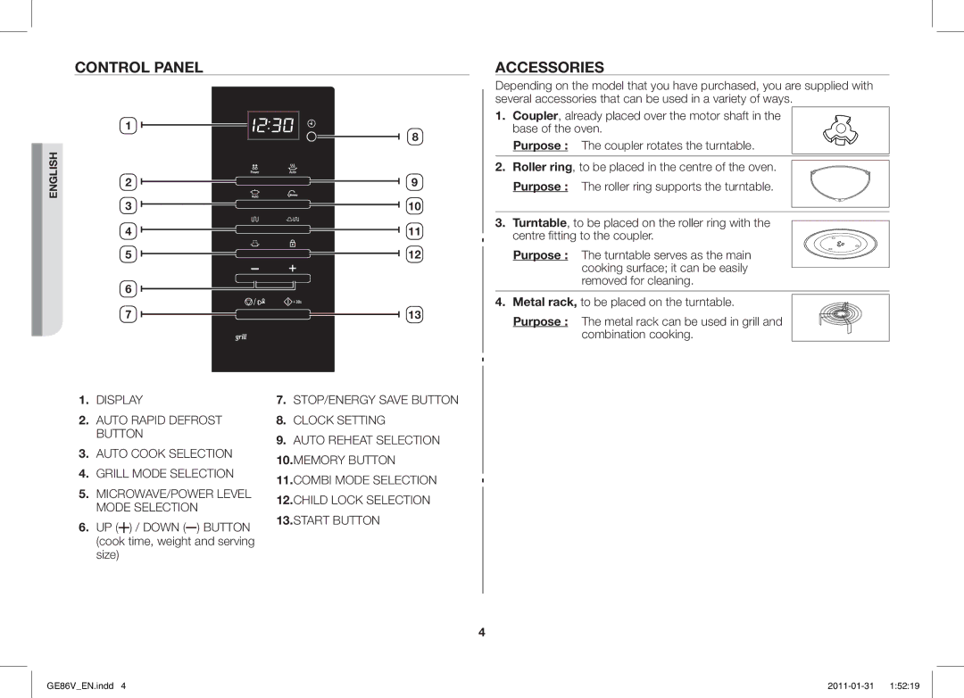 Samsung GE86V-BB/BAL, GE86V-WW/BAL manual Control Panel, Accessories, UP / Down Button cook time, weight and serving size 