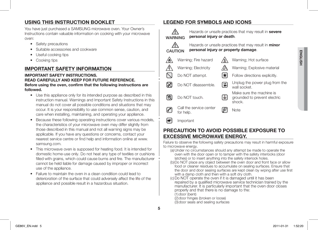 Samsung GE86V-WW/BAL Using this Instruction Booklet, Important Safety Information, Personal injury or property damage 