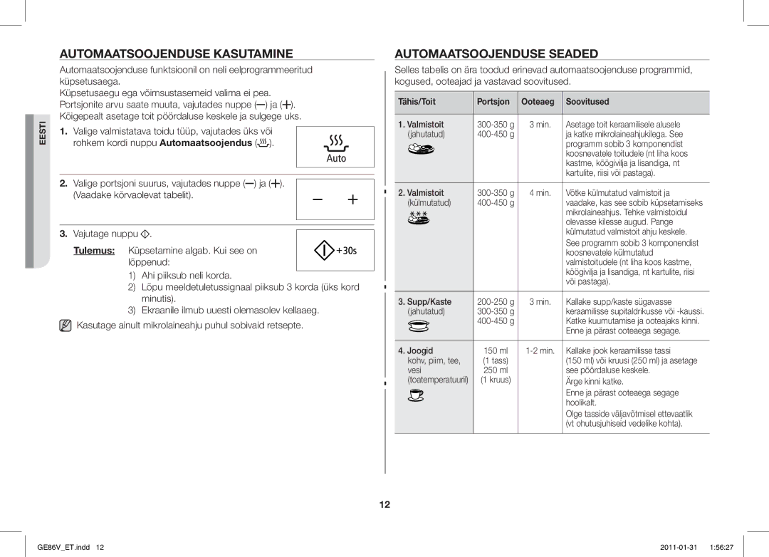 Samsung GE86V-BB/BAL Automaatsoojenduse Kasutamine, Automaatsoojenduse Seaded, Tähis/Toit Portsjon Ooteaeg Soovitused 