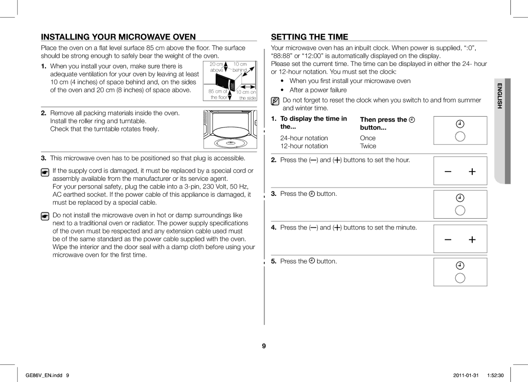 Samsung GE86V-WW/BAL manual Installing Your Microwave Oven, Setting the Time, To display the time Then press Button, Press 