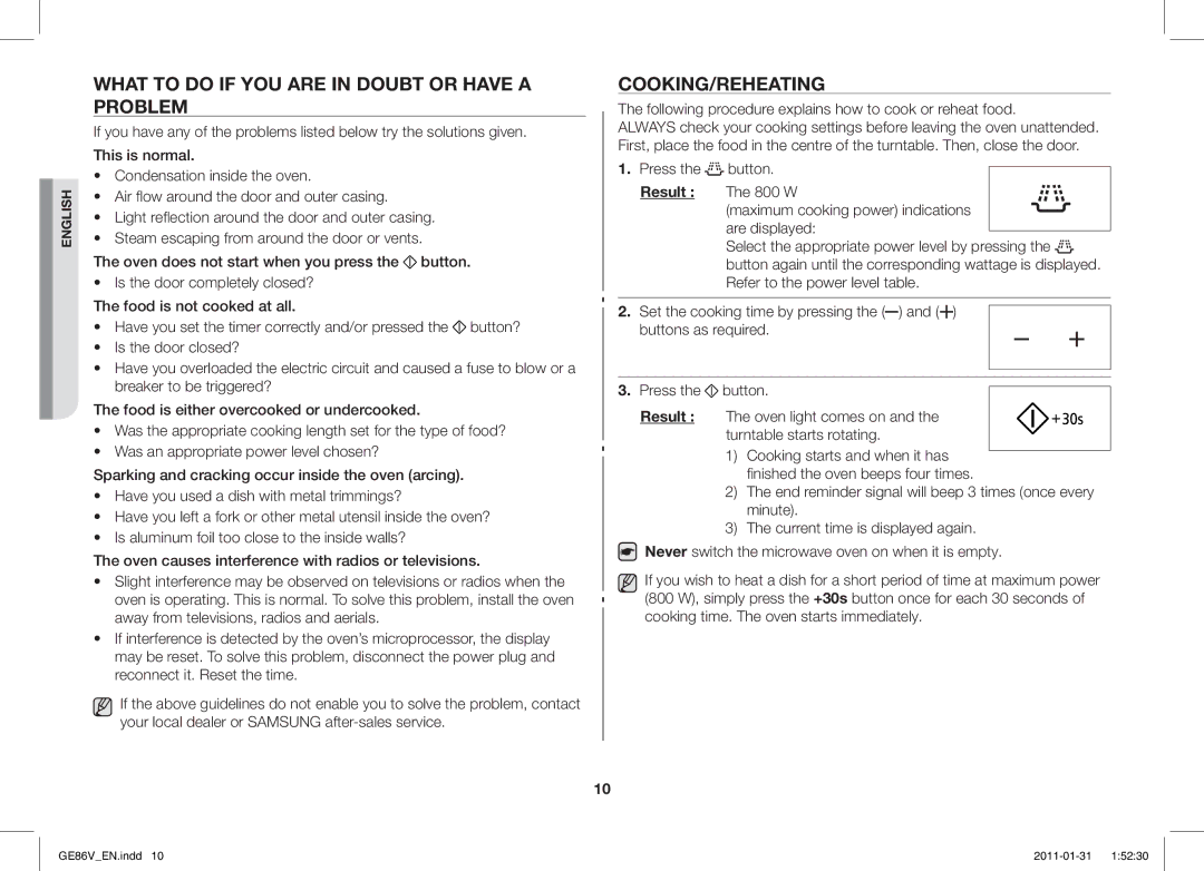 Samsung GE86V-BB/BAL, GE86V-WW/BAL manual What to do if YOU are in Doubt or have a Problem, Cooking/Reheating, Result 