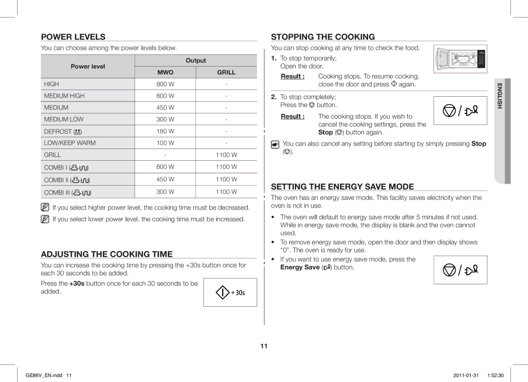 Samsung GE86V-WW/BAL manual Power Levels, Adjusting the Cooking Time, Stopping the Cooking, Setting the Energy Save Mode 