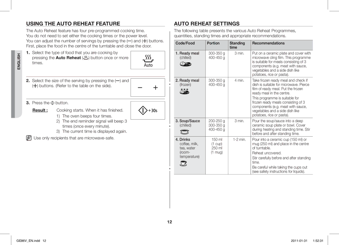 Samsung GE86V-BB/BAL Using the Auto Reheat Feature, Auto Reheat Settings, Code/Food Portion Standing Recommendations Time 