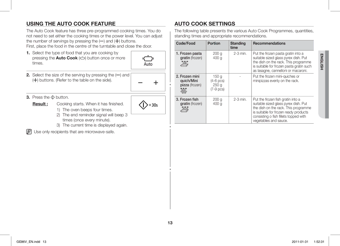 Samsung GE86V-WW/BAL, GE86V-BB/BAL manual Using the Auto Cook Feature, Auto Cook Settings 