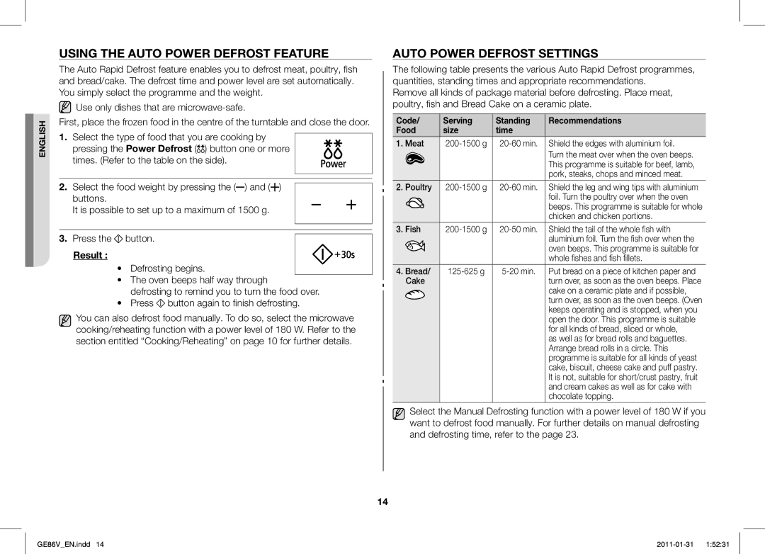 Samsung GE86V-BB/BAL, GE86V-WW/BAL manual Using the Auto Power Defrost Feature, Auto Power Defrost Settings 