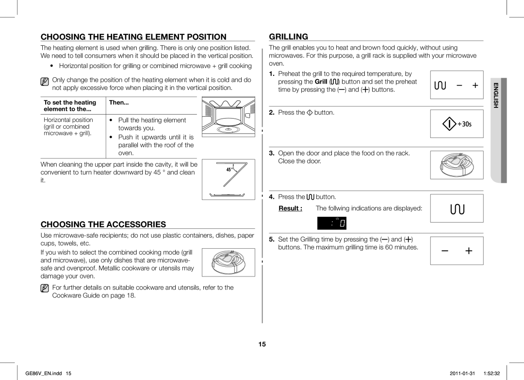 Samsung GE86V-WW/BAL, GE86V-BB/BAL manual Choosing the Heating Element Position, Choosing the Accessories, Grilling 