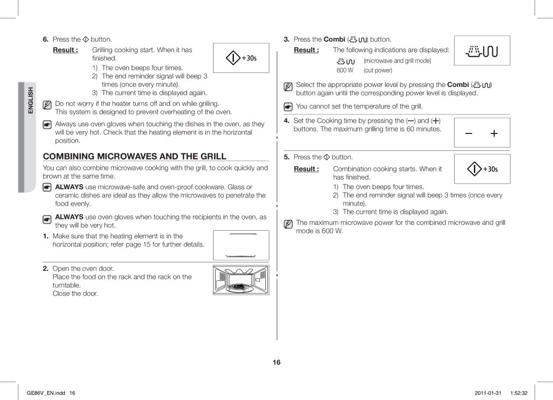 Samsung GE86V-BB/BAL, GE86V-WW/BAL manual Combining Microwaves and the Grill 