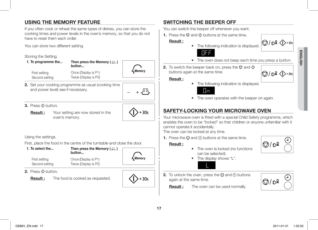 Samsung GE86V-WW/BAL, GE86V-BB/BAL Using the Memory Feature, Switching the Beeper OFF, SAFETY-LOCKING Your Microwave Oven 