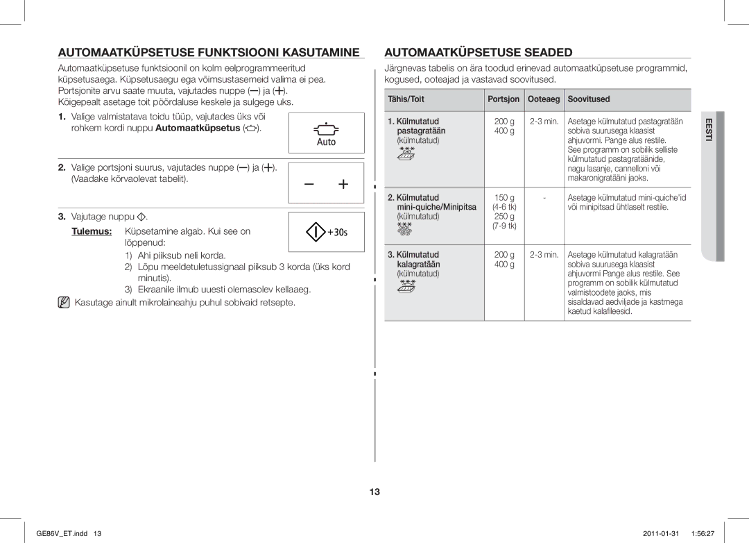 Samsung GE86V-WW/BAL, GE86V-BB/BAL manual Automaatküpsetuse Funktsiooni Kasutamine, Automaatküpsetuse Seaded 