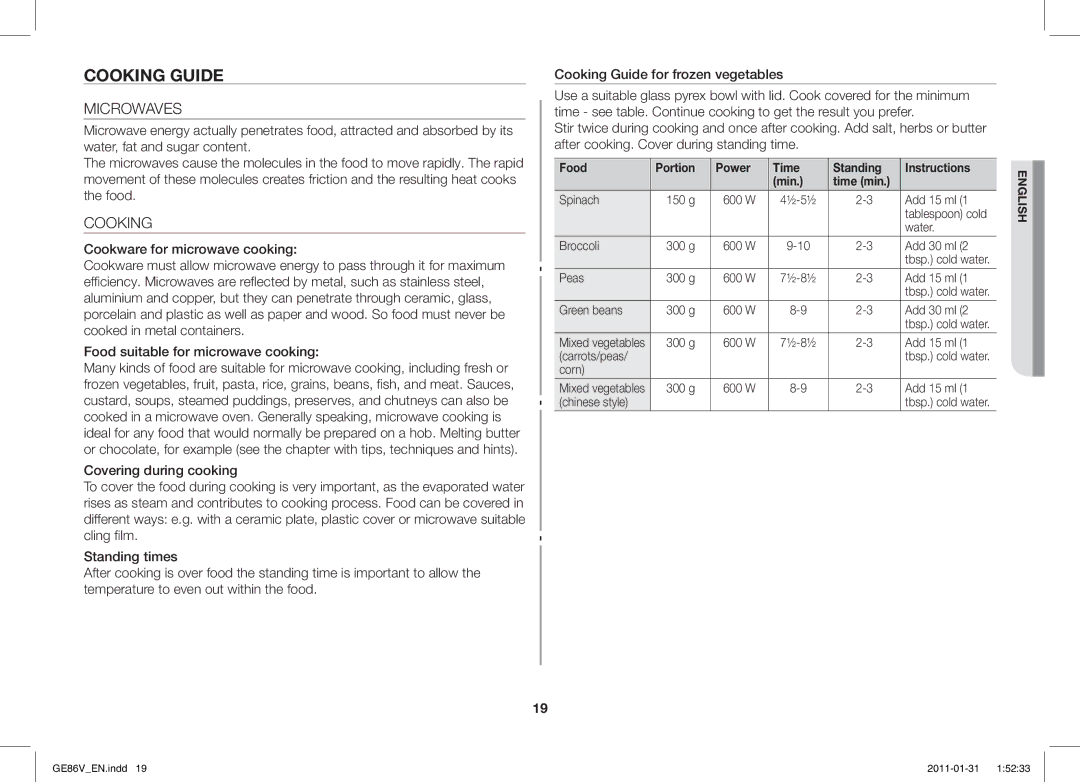 Samsung GE86V-WW/BAL, GE86V-BB/BAL manual Cooking Guide, Microwaves, Food Portion Power Time Standing Instructions Min 