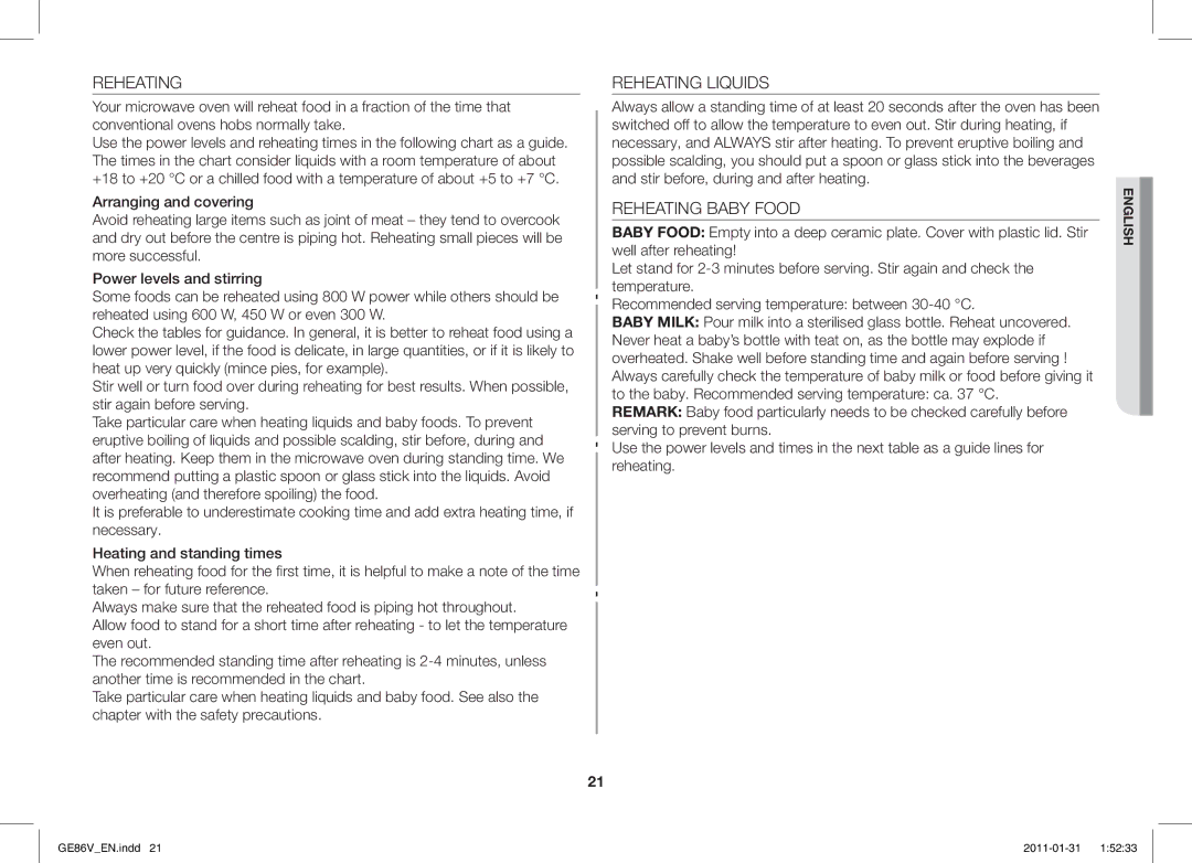 Samsung GE86V-WW/BAL, GE86V-BB/BAL manual Reheating Liquids, Reheating Baby Food 