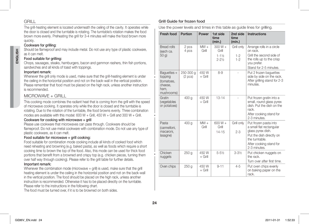 Samsung GE86V-BB/BAL, GE86V-WW/BAL manual Microwave + Grill, Fresh food Portion Power 1st side 
