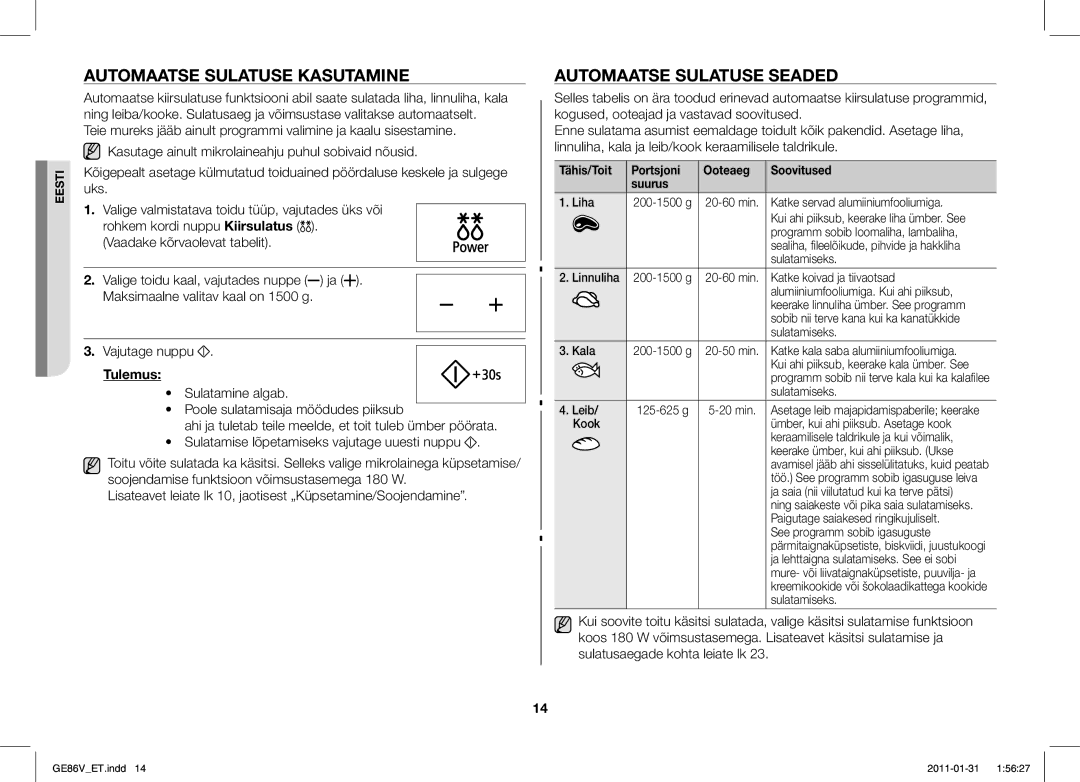 Samsung GE86V-BB/BAL, GE86V-WW/BAL manual Automaatse Sulatuse Kasutamine, Automaatse Sulatuse Seaded, Tulemus 