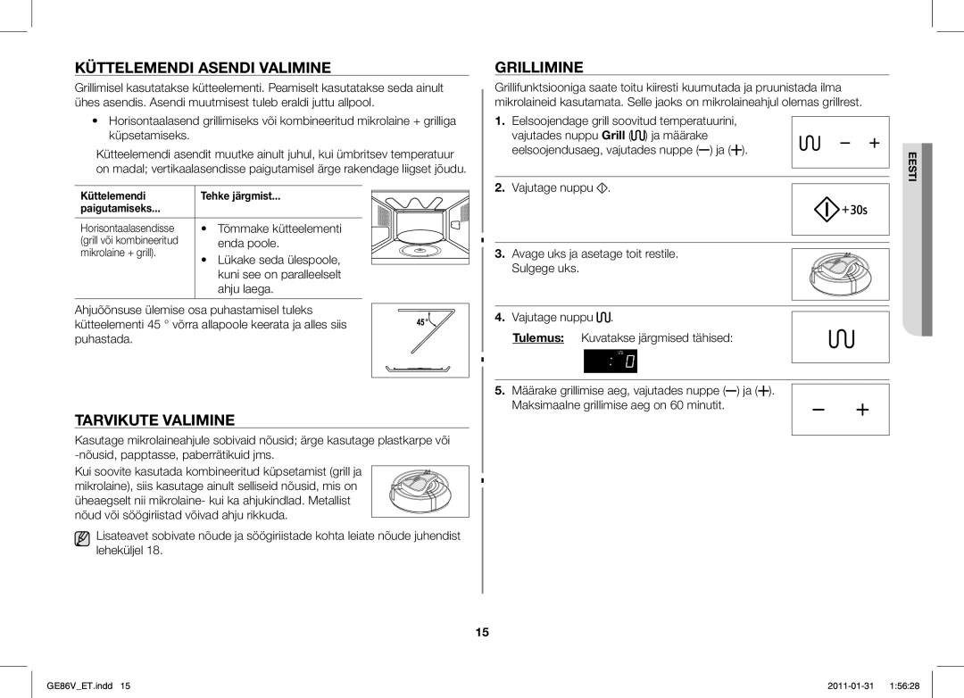 Samsung GE86V-WW/BAL, GE86V-BB/BAL manual Küttelemendi Asendi Valimine, Tarvikute Valimine, Grillimine 