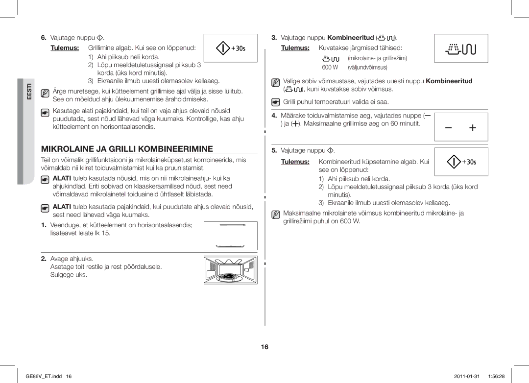 Samsung GE86V-BB/BAL, GE86V-WW/BAL manual Mikrolaine JA Grilli Kombineerimine 