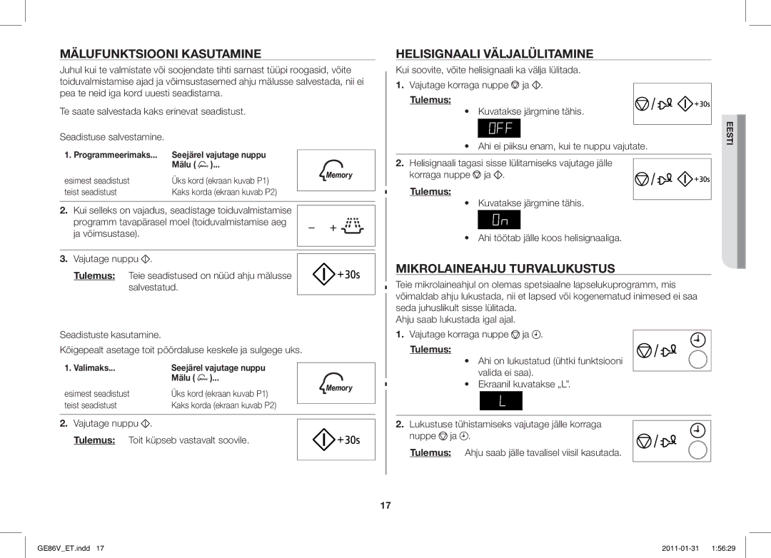 Samsung GE86V-WW/BAL, GE86V-BB/BAL Mälufunktsiooni Kasutamine, Helisignaali Väljalülitamine, Mikrolaineahju Turvalukustus 