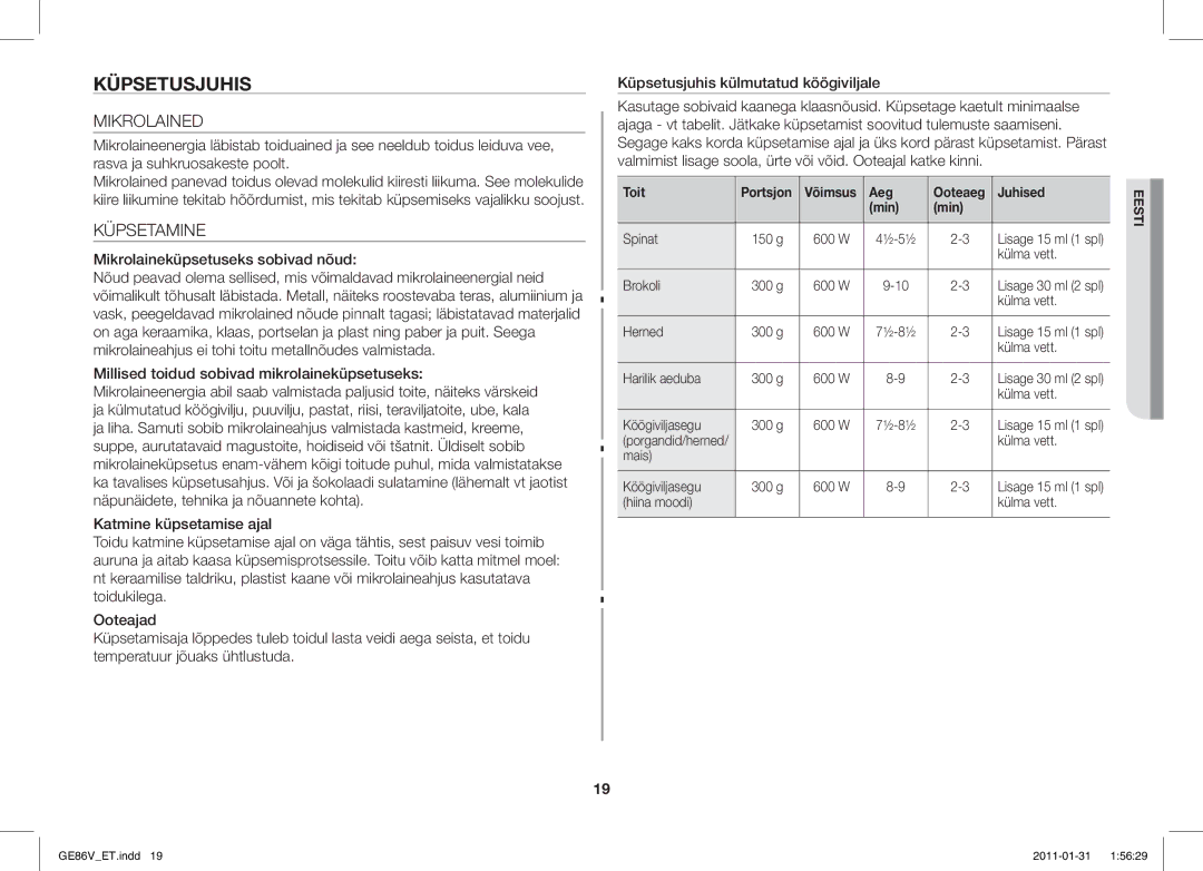 Samsung GE86V-WW/BAL, GE86V-BB/BAL manual Küpsetusjuhis, Mikrolained, Küpsetamine, Toit Portsjon, Aeg Ooteaeg Juhised Min 