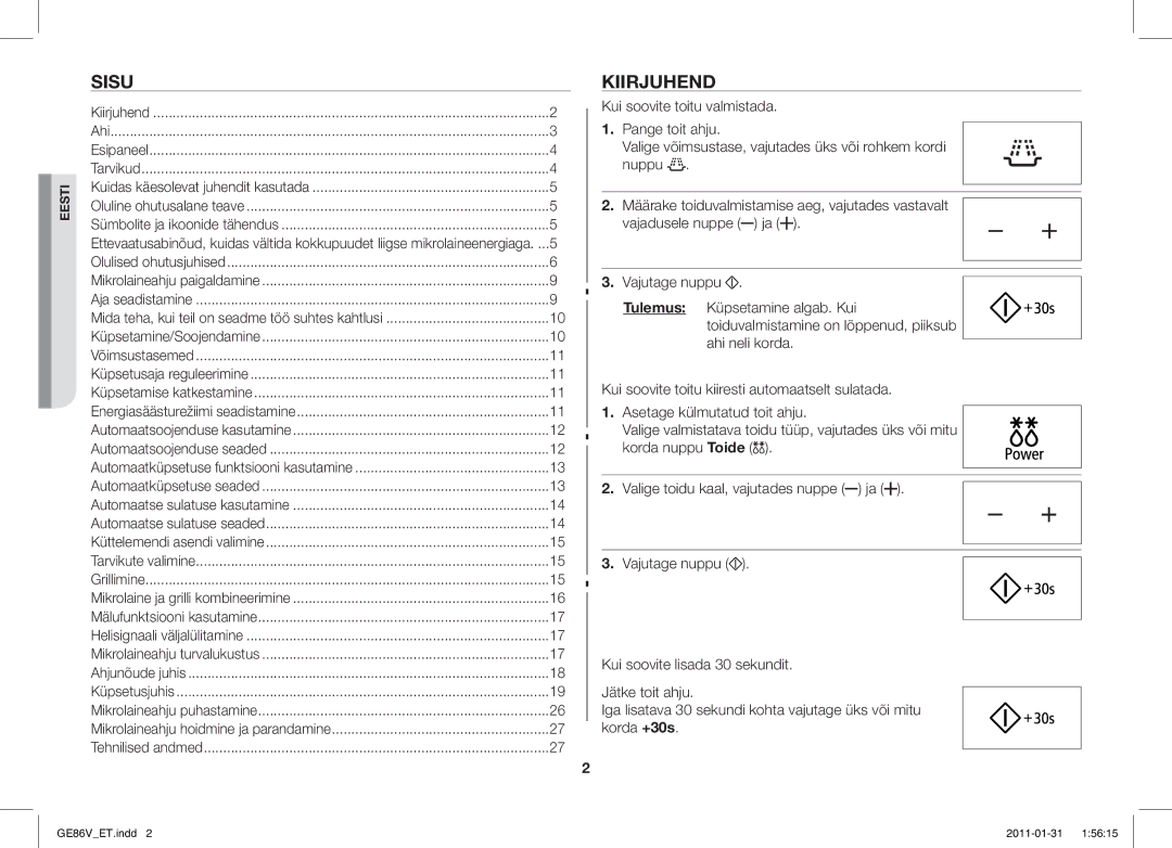 Samsung GE86V-BB/BAL, GE86V-WW/BAL manual Sisu, Kiirjuhend 