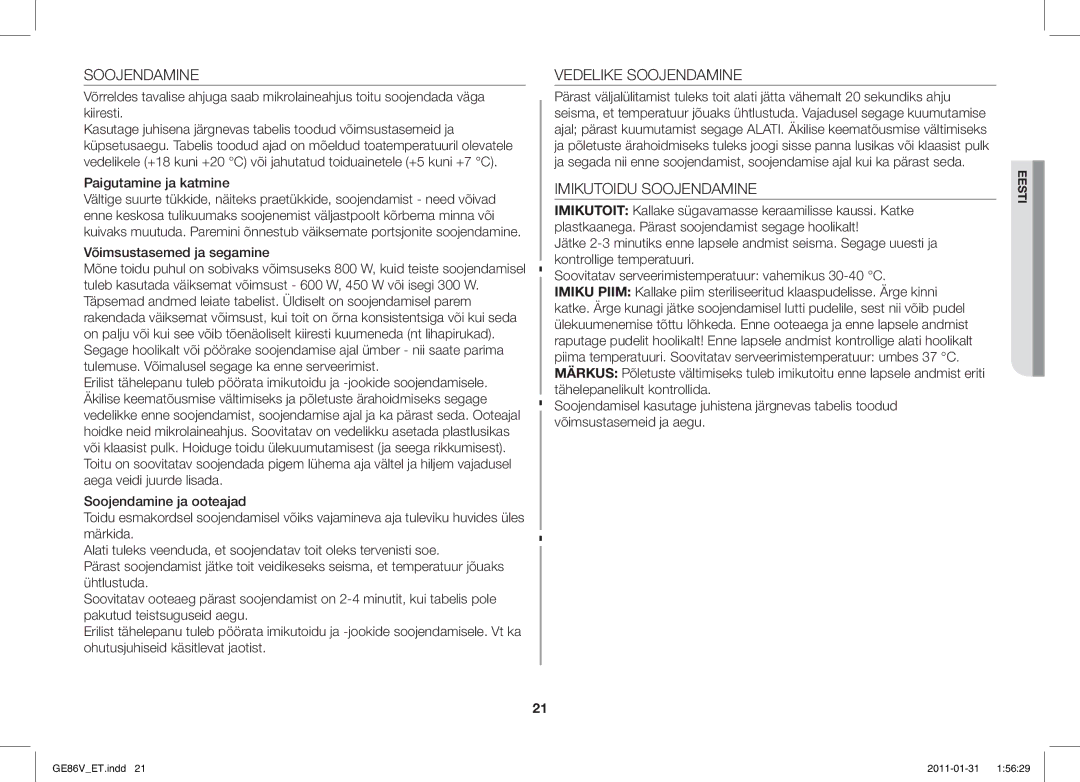 Samsung GE86V-WW/BAL, GE86V-BB/BAL manual Vedelike Soojendamine, Imikutoidu Soojendamine, Paigutamine ja katmine 