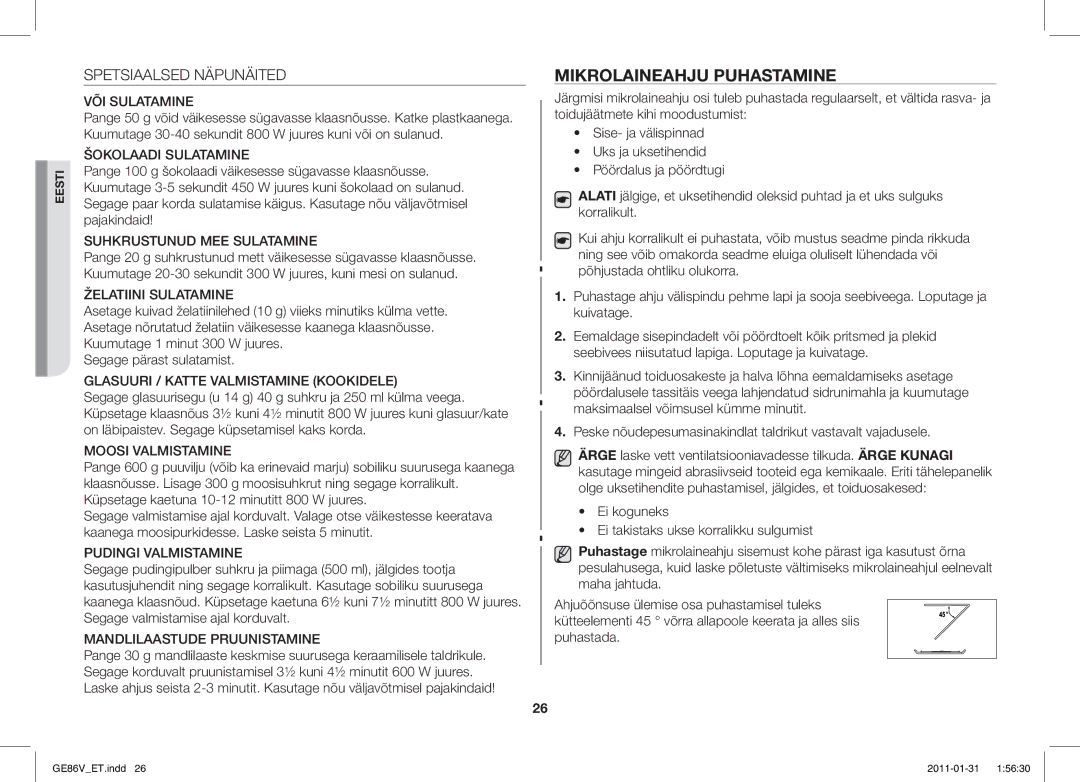 Samsung GE86V-BB/BAL, GE86V-WW/BAL manual Mikrolaineahju Puhastamine, Spetsiaalsed Näpunäited 