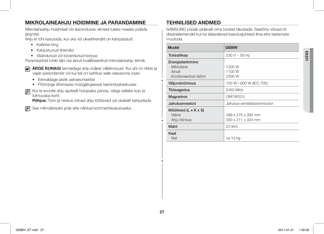 Samsung GE86V-WW/BAL, GE86V-BB/BAL manual Mikrolaineahju Hoidmine JA Parandamine, Tehnilised Andmed, Mudel 