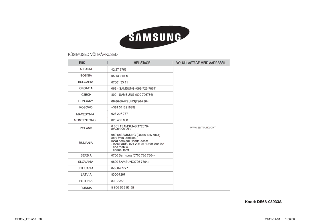 Samsung GE86V-BB/BAL, GE86V-WW/BAL manual Kood DE68-03933A, Küsimused VÕI Märkused Riik Helistage 