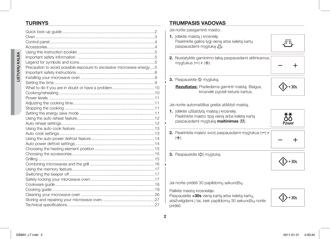 Samsung GE86V-BB/BAL, GE86V-WW/BAL manual Turinys, Trumpasis Vadovas, Accessories, Auto power defrost settings 