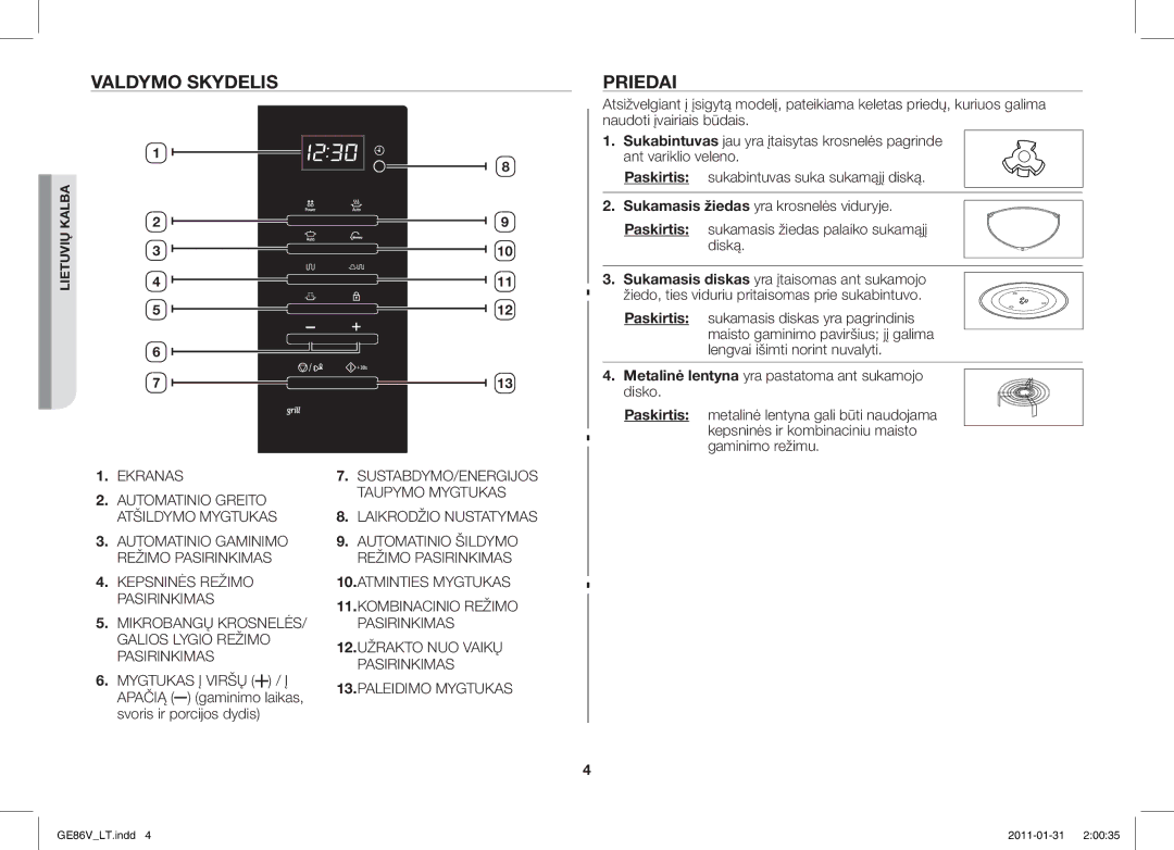 Samsung GE86V-BB/BAL, GE86V-WW/BAL manual Valdymo Skydelis, Priedai 