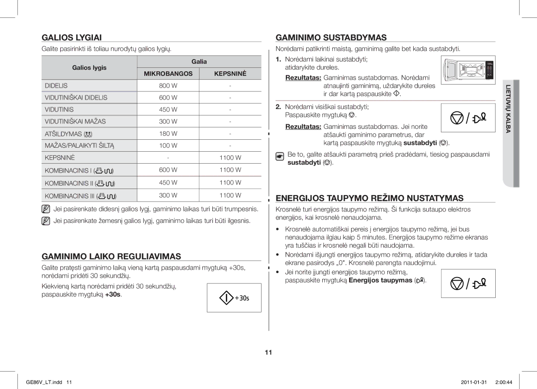 Samsung GE86V-WW/BAL Galios Lygiai, Gaminimo Laiko Reguliavimas, Gaminimo Sustabdymas, Energijos Taupymo Režimo Nustatymas 