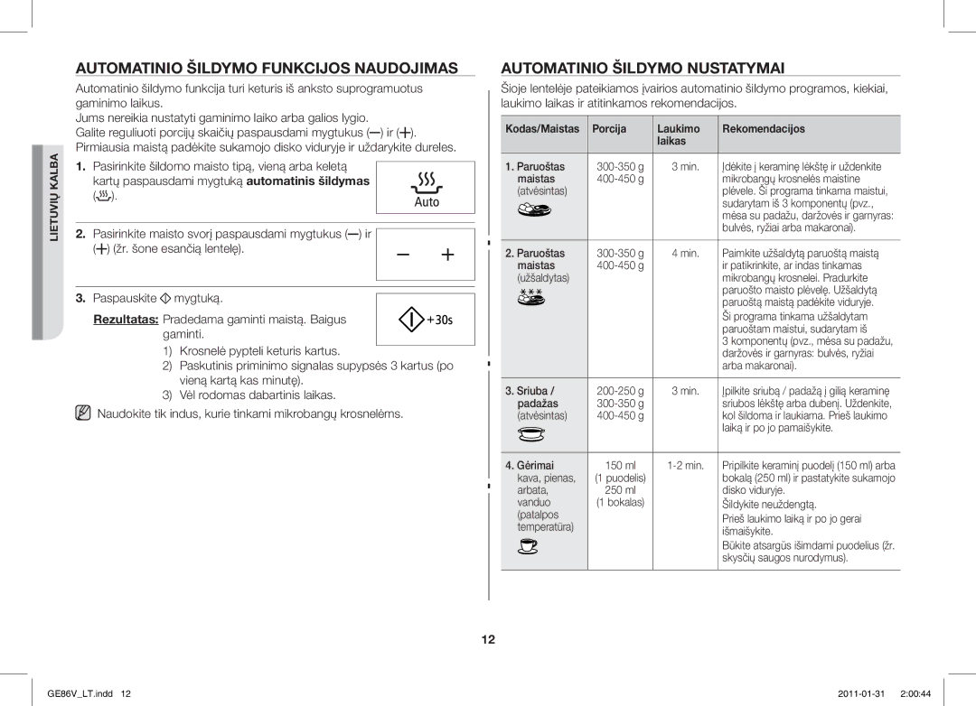 Samsung GE86V-BB/BAL manual Automatinio Šildymo Funkcijos Naudojimas, Automatinio Šildymo Nustatymai, Kodas/Maistas Porcija 