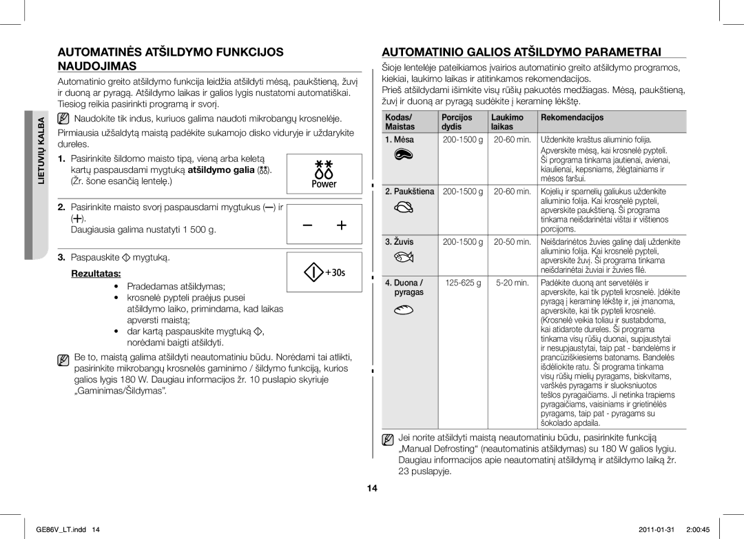 Samsung GE86V-BB/BAL manual Automatinės Atšildymo Funkcijos Naudojimas, Automatinio Galios Atšildymo Parametrai, Rezultatas 