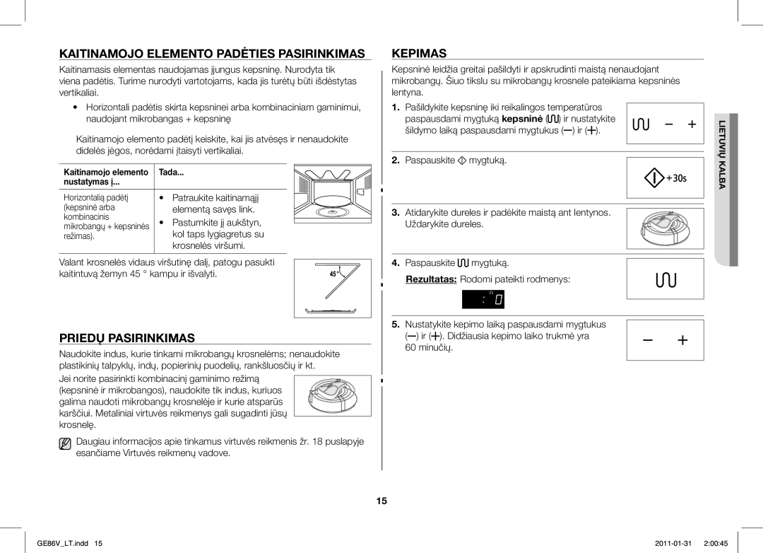 Samsung GE86V-WW/BAL, GE86V-BB/BAL manual Kaitinamojo Elemento Padėties Pasirinkimas, Priedų Pasirinkimas, Kepimas 