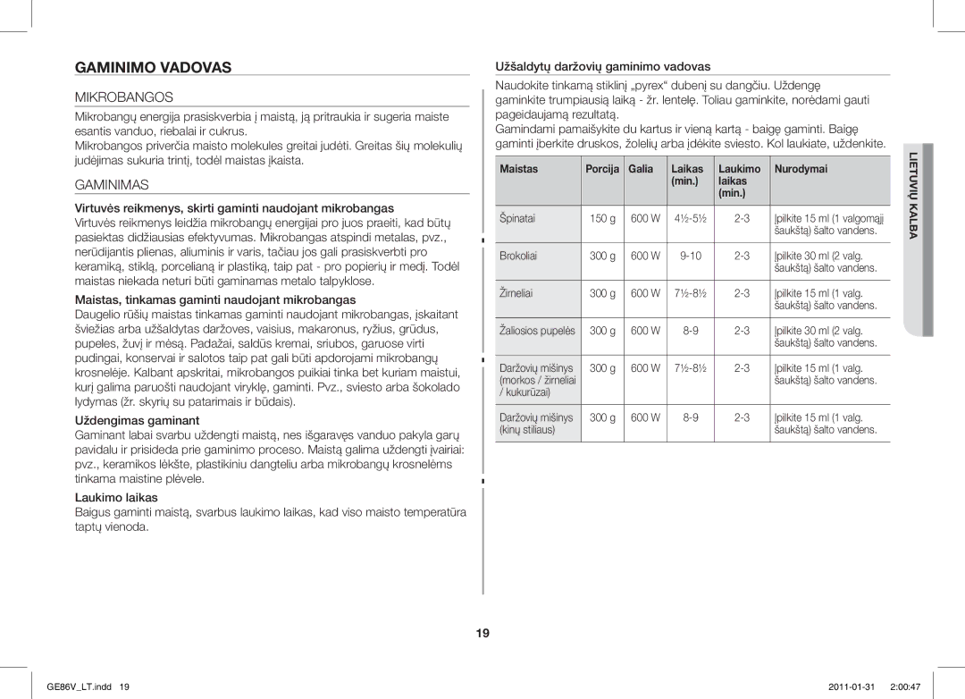 Samsung GE86V-WW/BAL, GE86V-BB/BAL manual Gaminimo Vadovas, Mikrobangos, Gaminimas, Galia Laikas Laukimo Nurodymai Min 