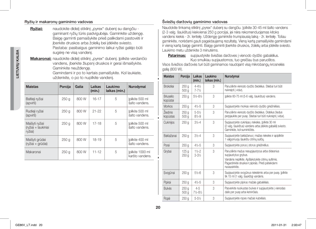 Samsung GE86V-BB/BAL, GE86V-WW/BAL manual Šviežių daržovių gaminimo vadovas, Maistas Porcija Galia Laikas Laukimo Nurodymai 