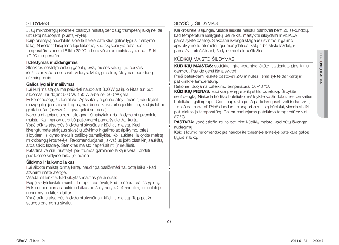 Samsung GE86V-WW/BAL, GE86V-BB/BAL manual Skysčių Šildymas, Kūdikių Maisto Šildymas 