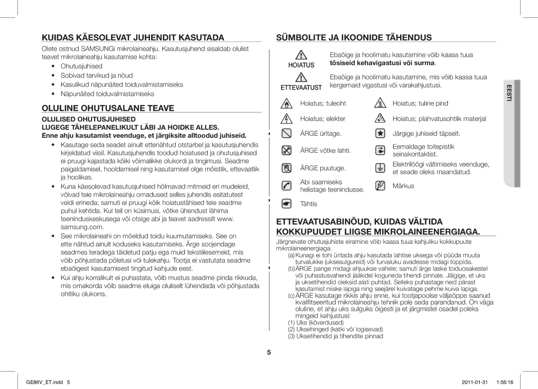 Samsung GE86V-WW/BAL manual Kuidas Käesolevat Juhendit Kasutada, Oluline Ohutusalane Teave, Sümbolite JA Ikoonide Tähendus 