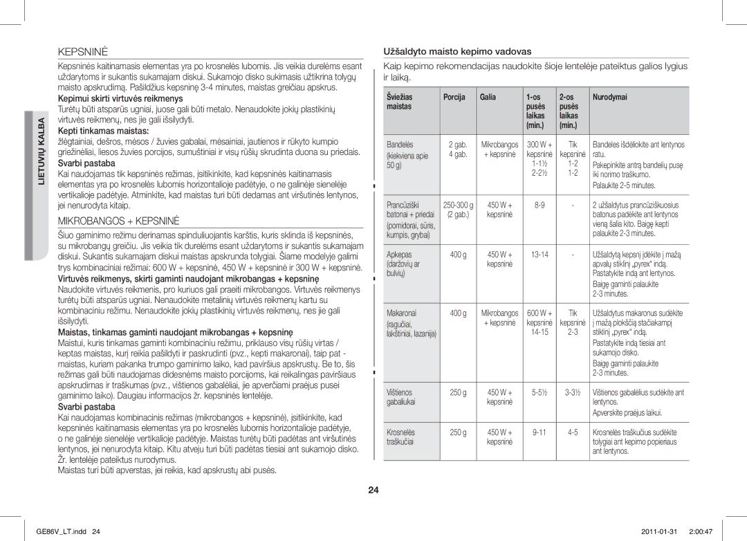 Samsung GE86V-BB/BAL Mikrobangos + Kepsninė, Svarbi pastaba, Šviežias Porcija Galia Nurodymai Maistas Pusės Laikas Min 