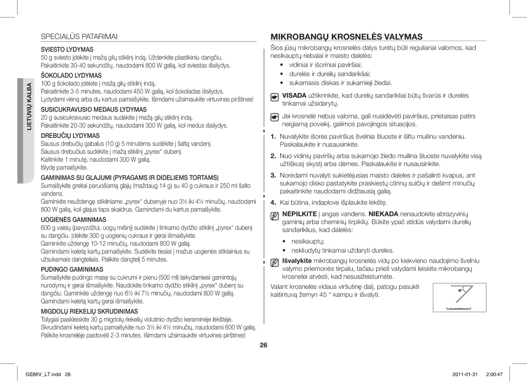 Samsung GE86V-BB/BAL, GE86V-WW/BAL manual Mikrobangų Krosnelės Valymas, Specialūs Patarimai 