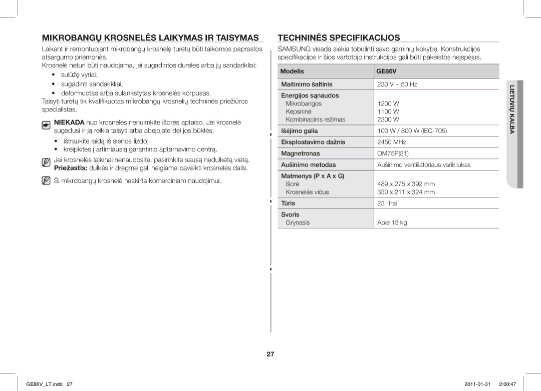 Samsung GE86V-WW/BAL, GE86V-BB/BAL manual Mikrobangų Krosnelės Laikymas IR Taisymas, Techninės Specifikacijos, Modelis 